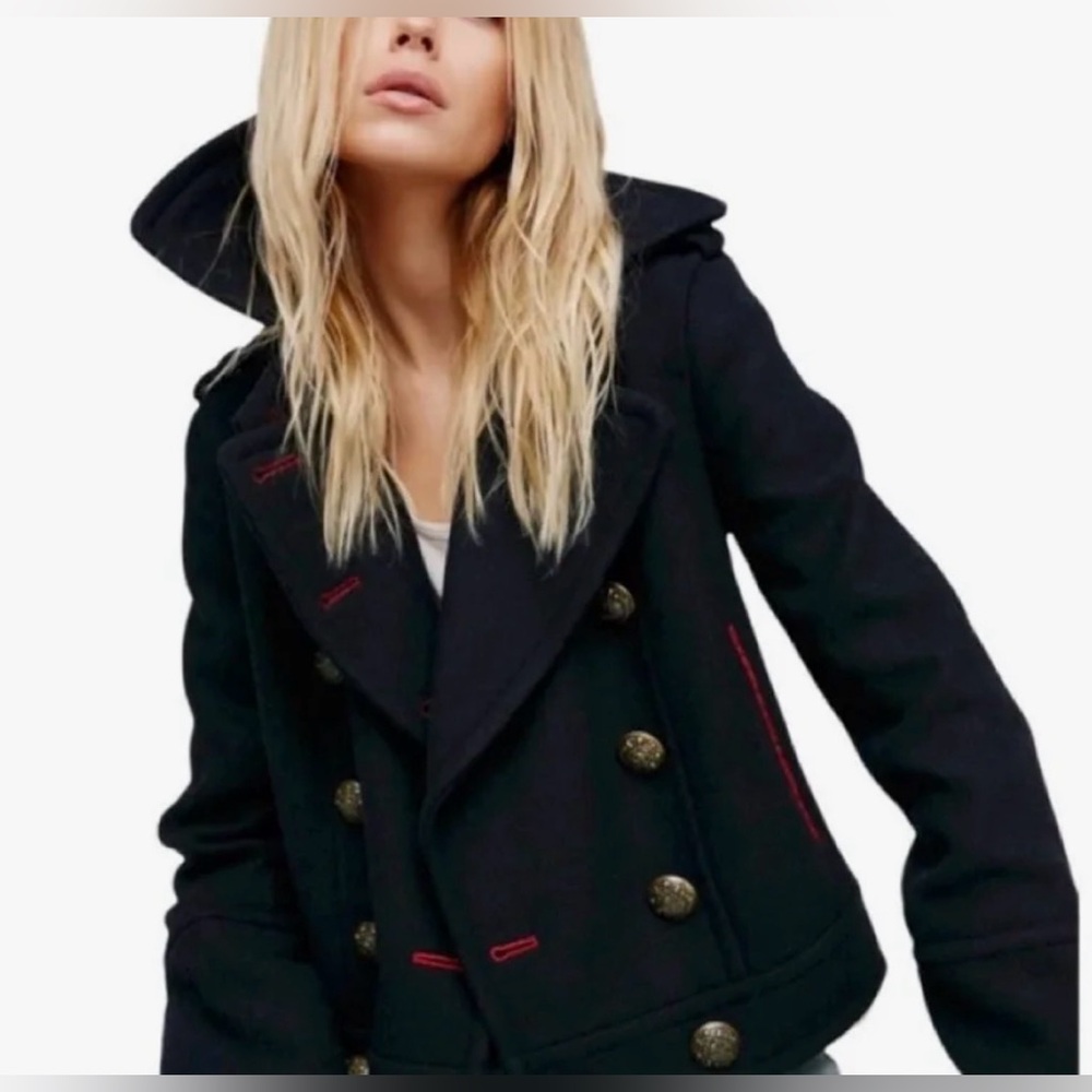 Free People City Limits Wool Embroidered Peacoat, Black, size XS, NWOT